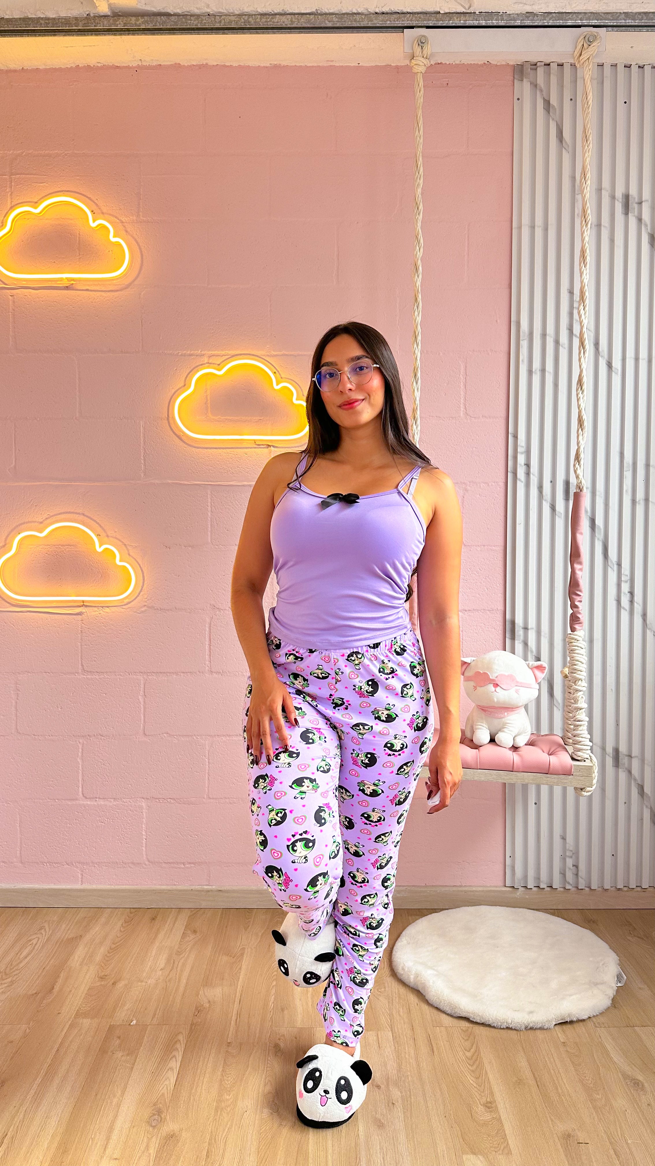 Pijama de pantalon de piel de durazno estampado y blusa de tiras
